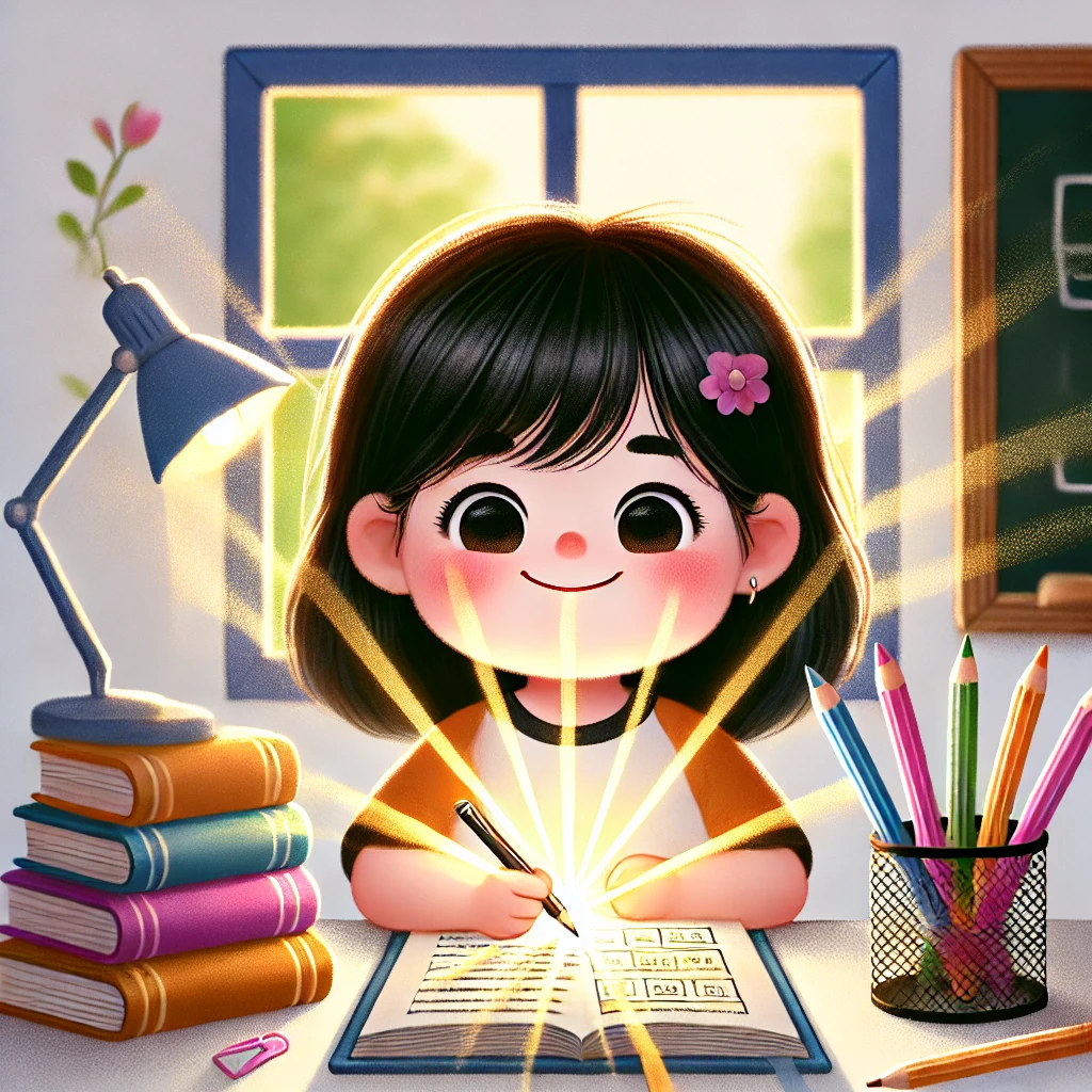 Девочка сидит перед раскрытым блокнотом. Из него светят солнечные лучи.