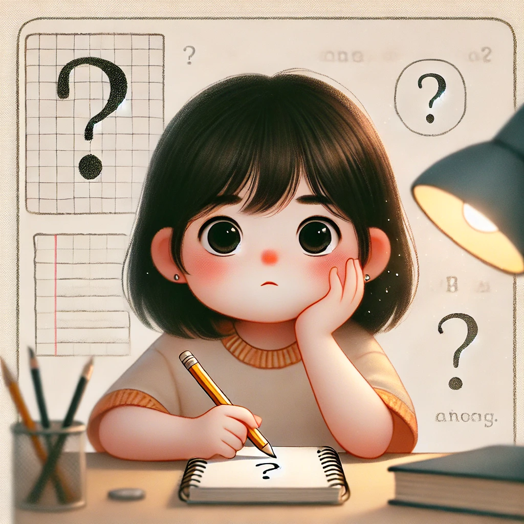Девочка сидит за столом и рисует в блокноте знак вопроса.