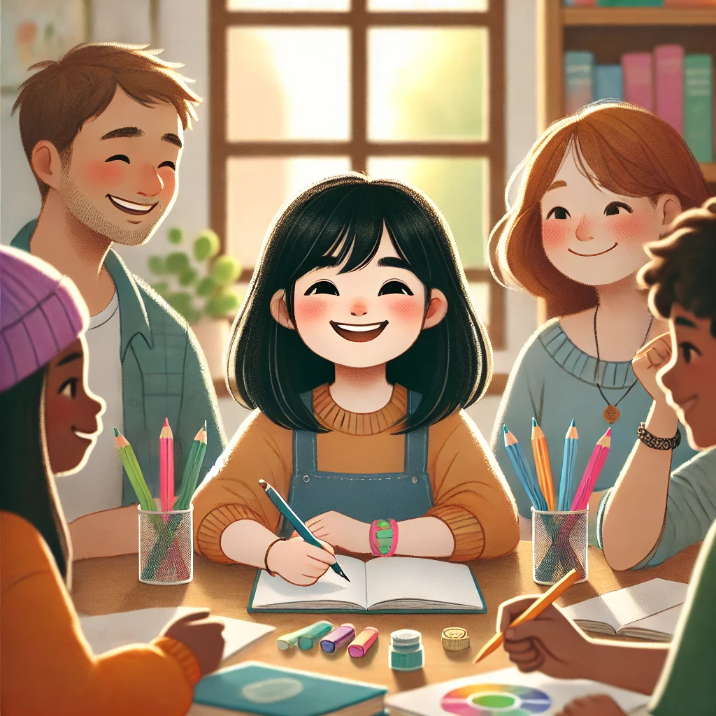 Девушка сидит за письменным столом в компании друзей, все улыбаются. На столе лежат блокноты, маркеры и цветные карандаши.