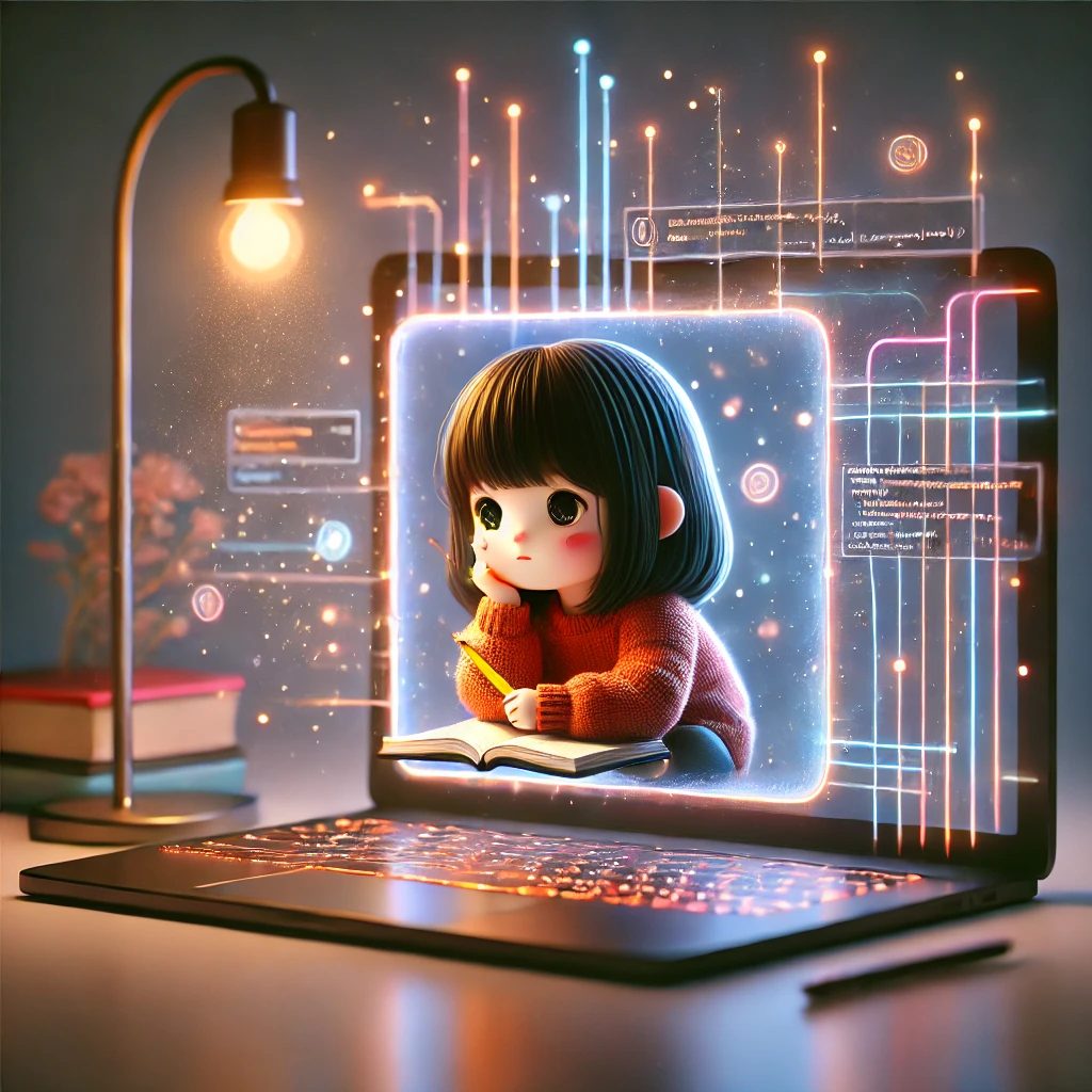 На столе стоит отрытый экран ноутбука, на котором иозбражена задумчивая девушка с карандашом в руке.