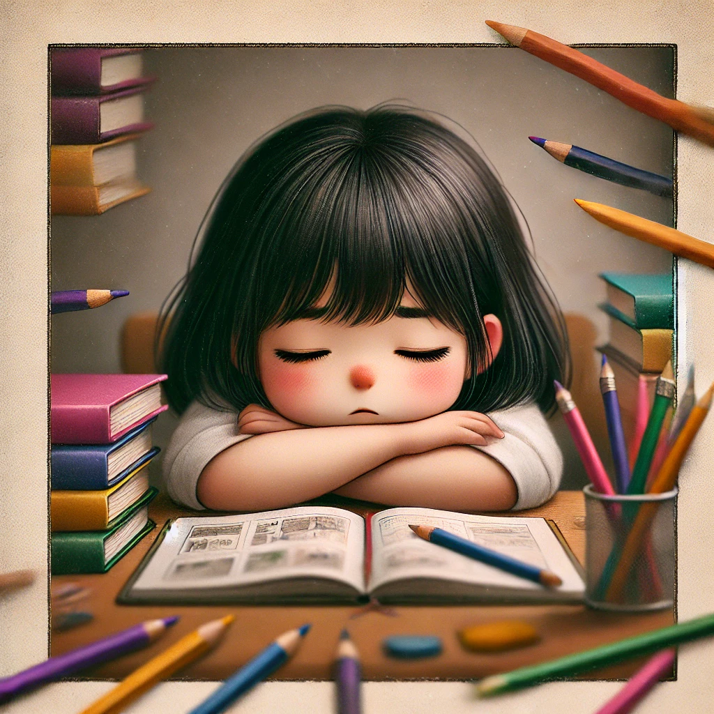 Девочка спит за письменным столом, лёжа на книге.