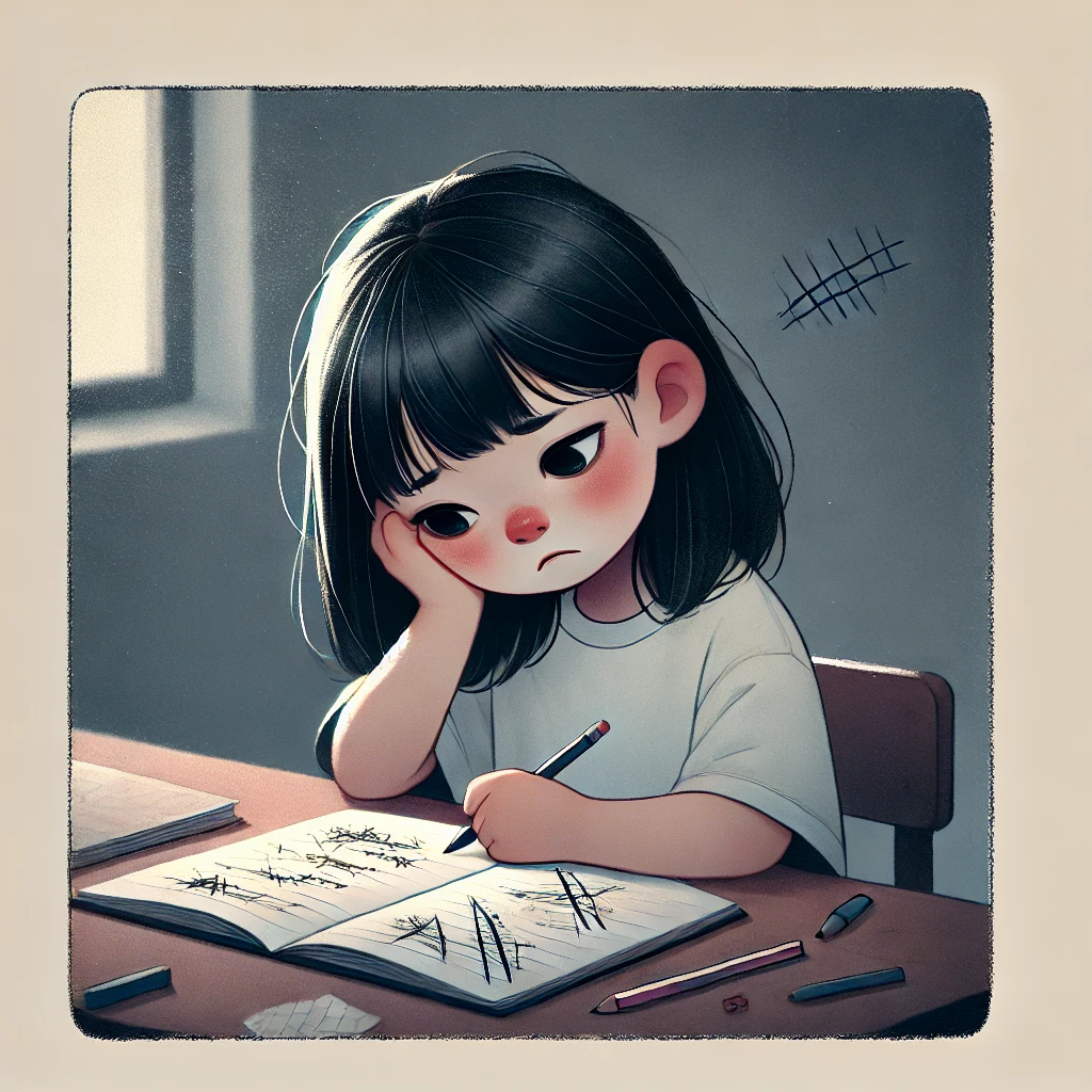 Грустная девочка сидит за письменным столом, перед неё тетрадь, в которой зачёркнуто всё написанное.