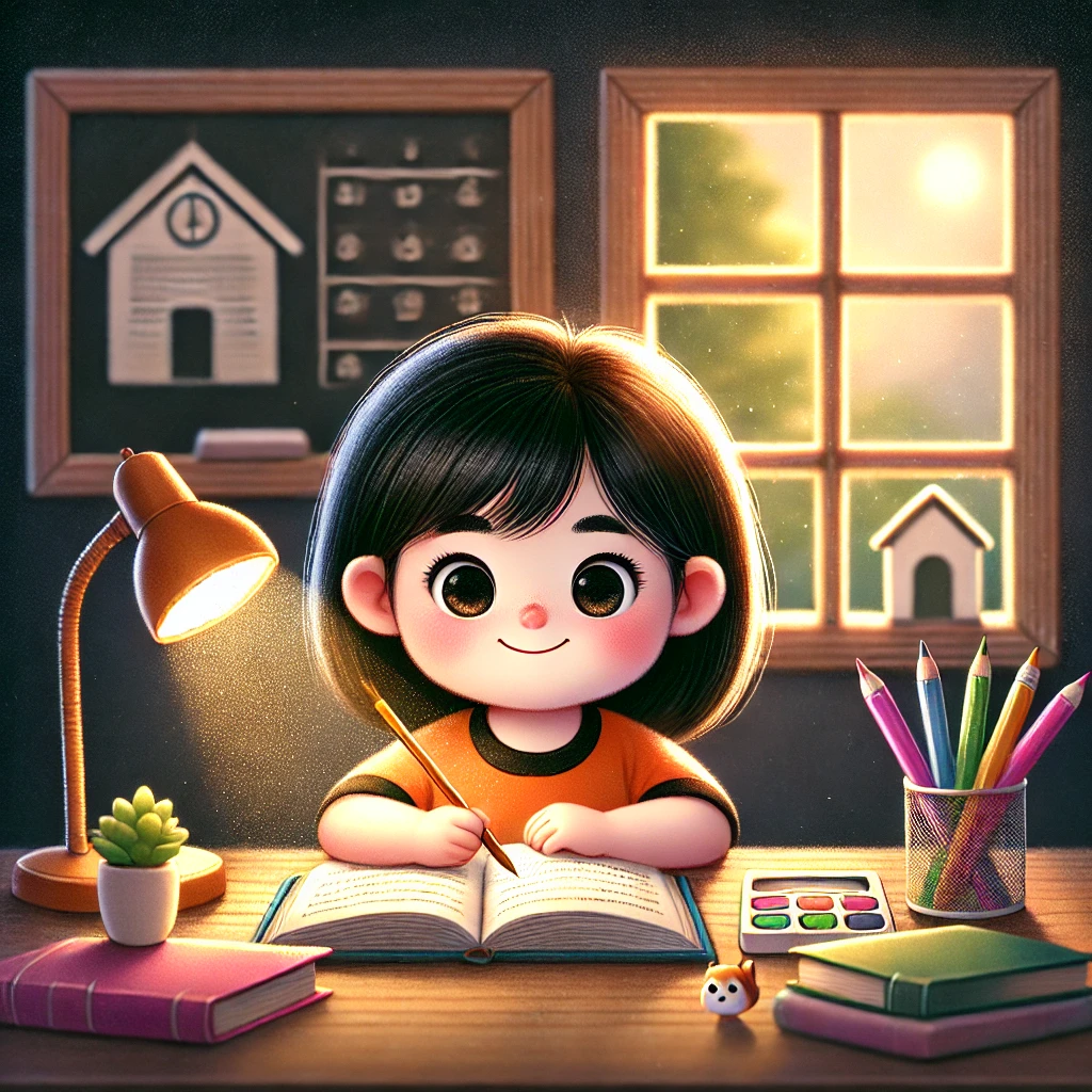 Девочка сидит за рабочим столом. Перед ней блокнот, а в руке карандаш.